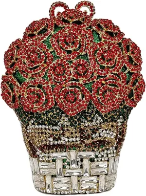 Rose Bouquet Shaped Crystal Clutch Flower Evening Bag Women Formal Bridal Party Floral Rhinestone Handbag Purse