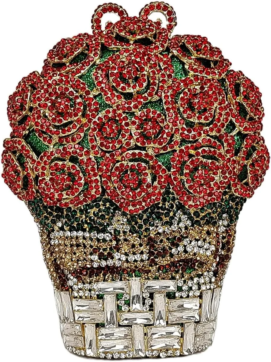 Rose Bouquet Shaped Crystal Clutch Flower Evening Bag Women Formal Bridal Party Floral Rhinestone Handbag Purse