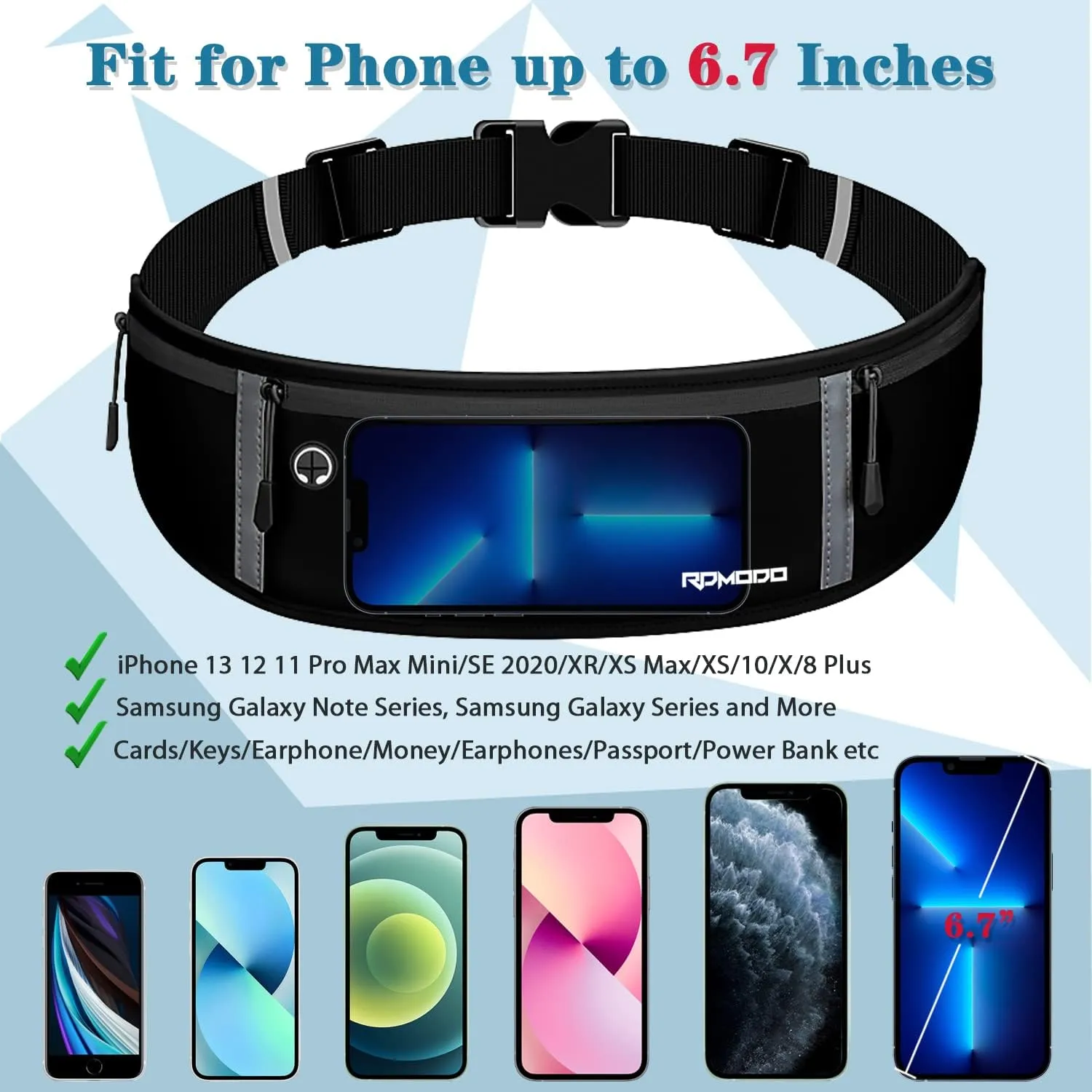 Running Belt for Men, Fanny Pack for Women, Waterproof Phone Holder for Running Workout Plus Size Adjustable Running Waist Belt Bag for iPhone 16 15 14 13 Pro Max Samsung Galaxy Note Pure Black