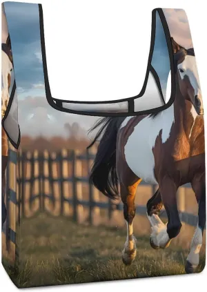 Running in Field Wild Horses Grocery Shopping Bags Foldable Tote Bags Casual Handbags Purses Work Bag for Women