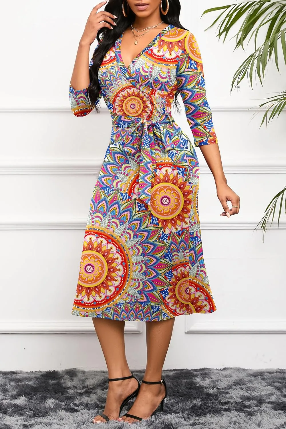 Runwind Women's Midi Dress,3/4 Sleeves V Neck Cocktail Party Dress Curvy Wrap Sexy Geometric Pattern Dresses with Belt