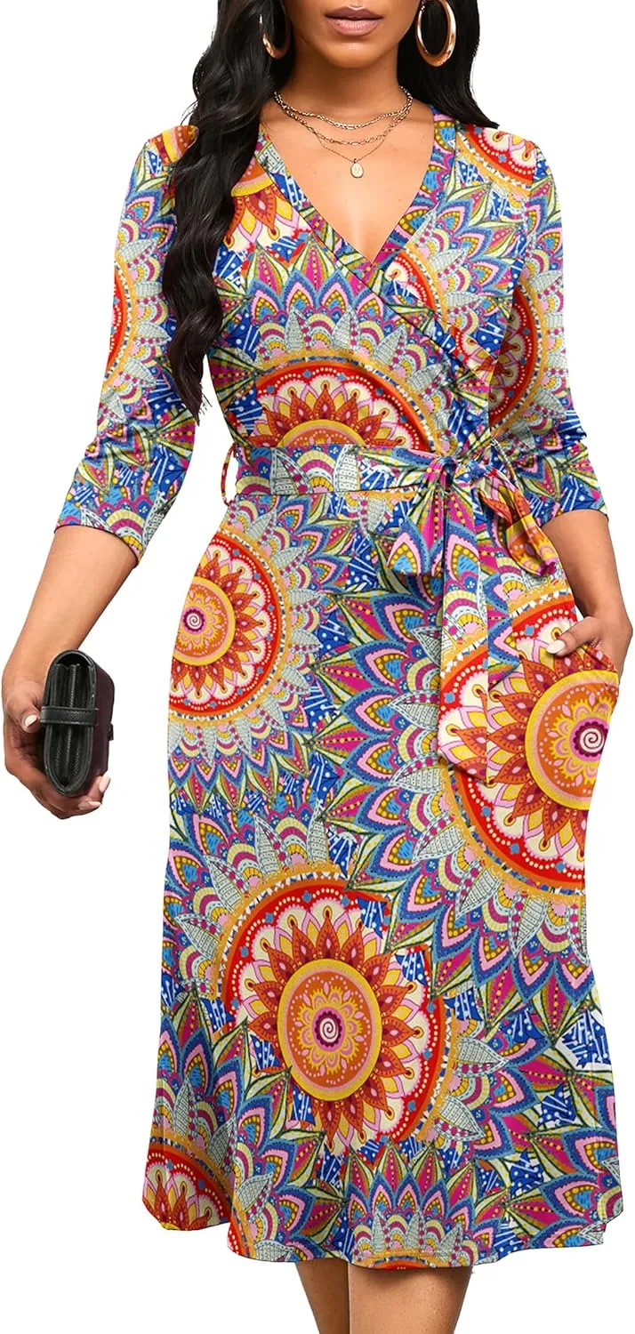 Runwind Women's Midi Dress,3/4 Sleeves V Neck Cocktail Party Dress Curvy Wrap Sexy Geometric Pattern Dresses with Belt