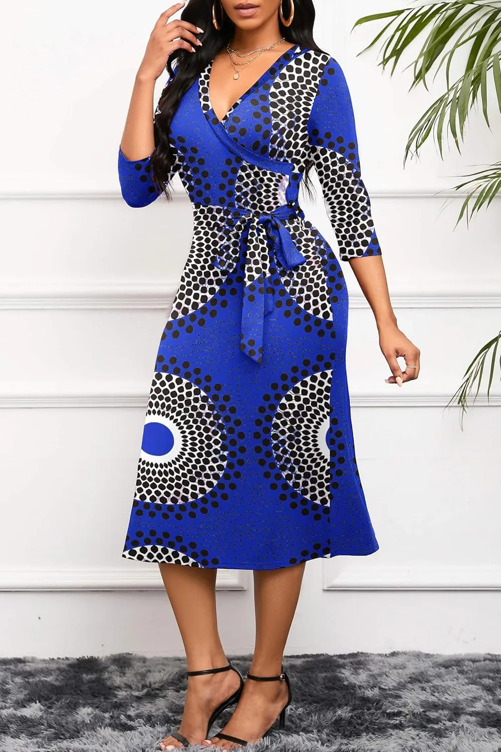 Runwind Women's Midi Dress,3/4 Sleeves V Neck Cocktail Party Dress Curvy Wrap Sexy Geometric Pattern Dresses with Belt