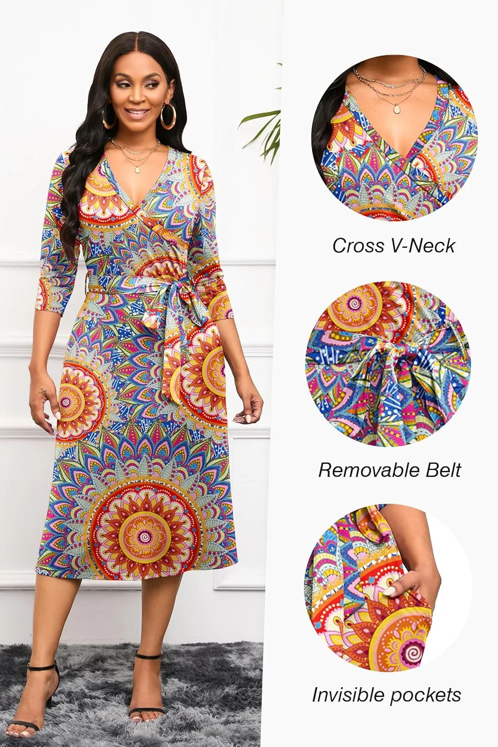 Runwind Women's Midi Dress,3/4 Sleeves V Neck Cocktail Party Dress Curvy Wrap Sexy Geometric Pattern Dresses with Belt