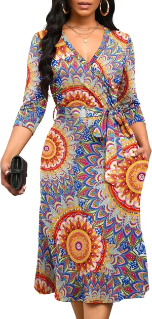 Runwind Women's Midi Dress,3/4 Sleeves V Neck Cocktail Party Dress Curvy Wrap Sexy Geometric Pattern Dresses with Belt