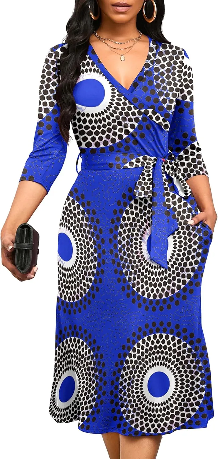 Runwind Women's Midi Dress,3/4 Sleeves V Neck Cocktail Party Dress Curvy Wrap Sexy Geometric Pattern Dresses with Belt