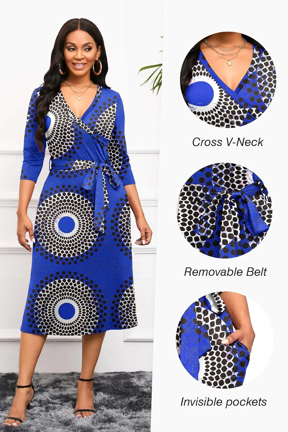 Runwind Women's Midi Dress,3/4 Sleeves V Neck Cocktail Party Dress Curvy Wrap Sexy Geometric Pattern Dresses with Belt