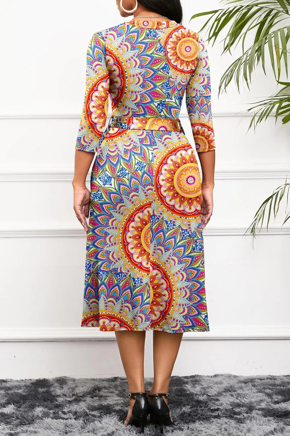 Runwind Women's Midi Dress,3/4 Sleeves V Neck Cocktail Party Dress Curvy Wrap Sexy Geometric Pattern Dresses with Belt