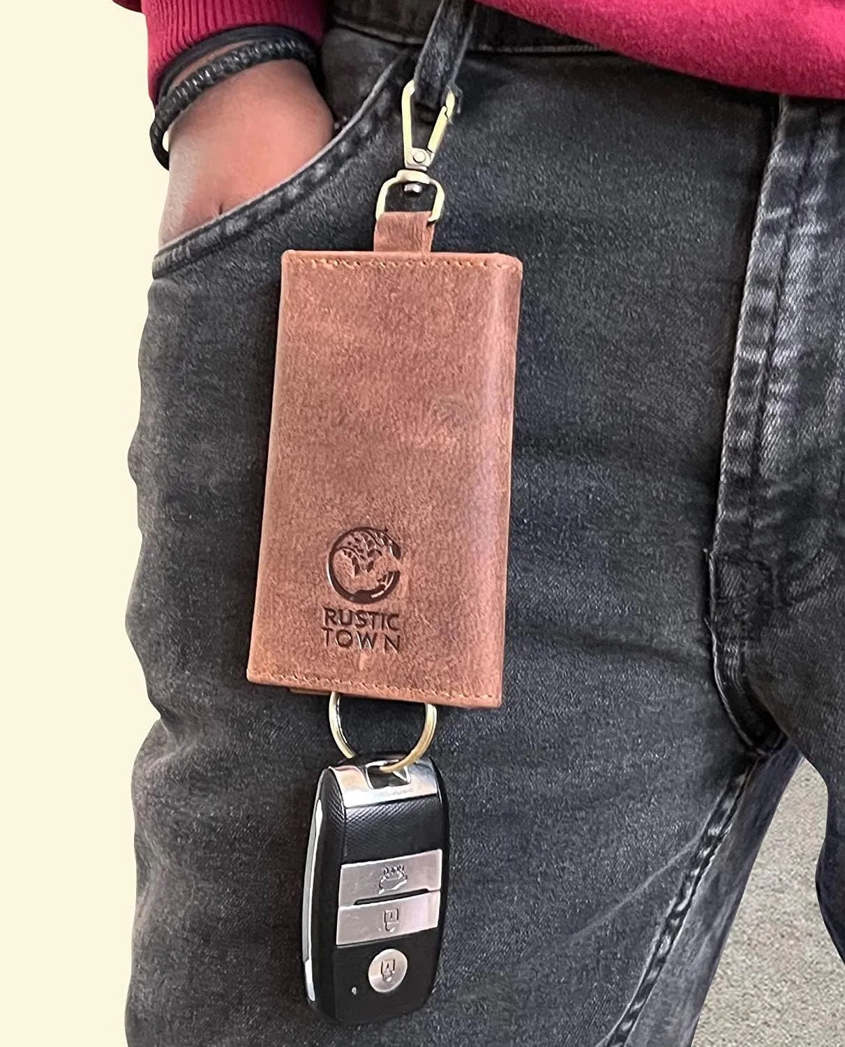 RUSTIC TOWN Leather Key Holder - Smart Fob Car Key Loop Wallet Slim Keychain Pouch - Practical Key Organizer for Men & Women