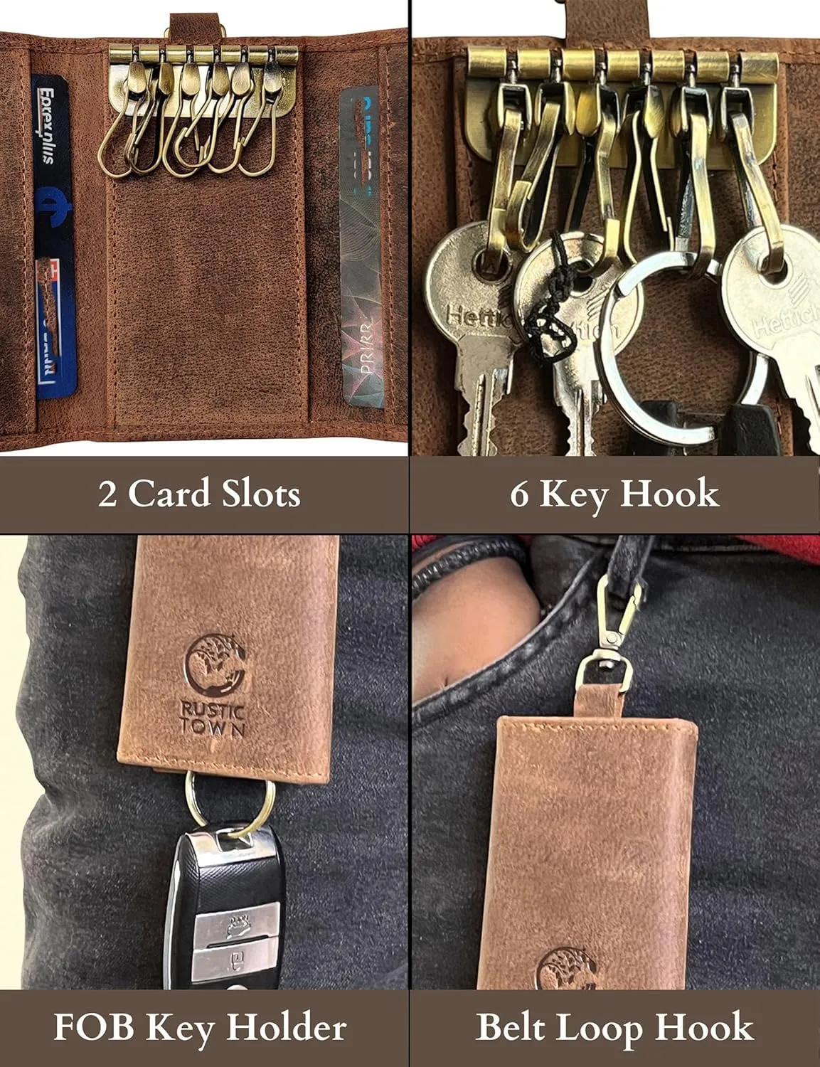RUSTIC TOWN Leather Key Holder - Smart Fob Car Key Loop Wallet Slim Keychain Pouch - Practical Key Organizer for Men & Women
