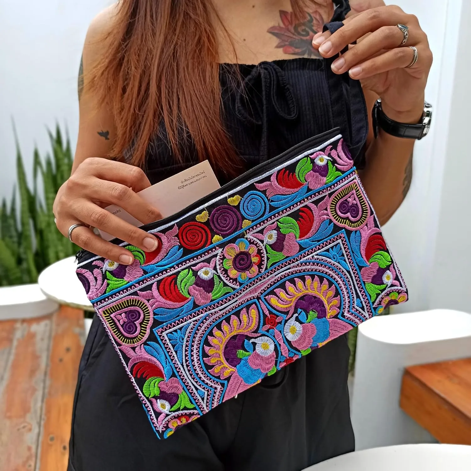 Sabai Jai - Embroidered Clutch Purse with Wristlet - Large Boho Purses and Handbags