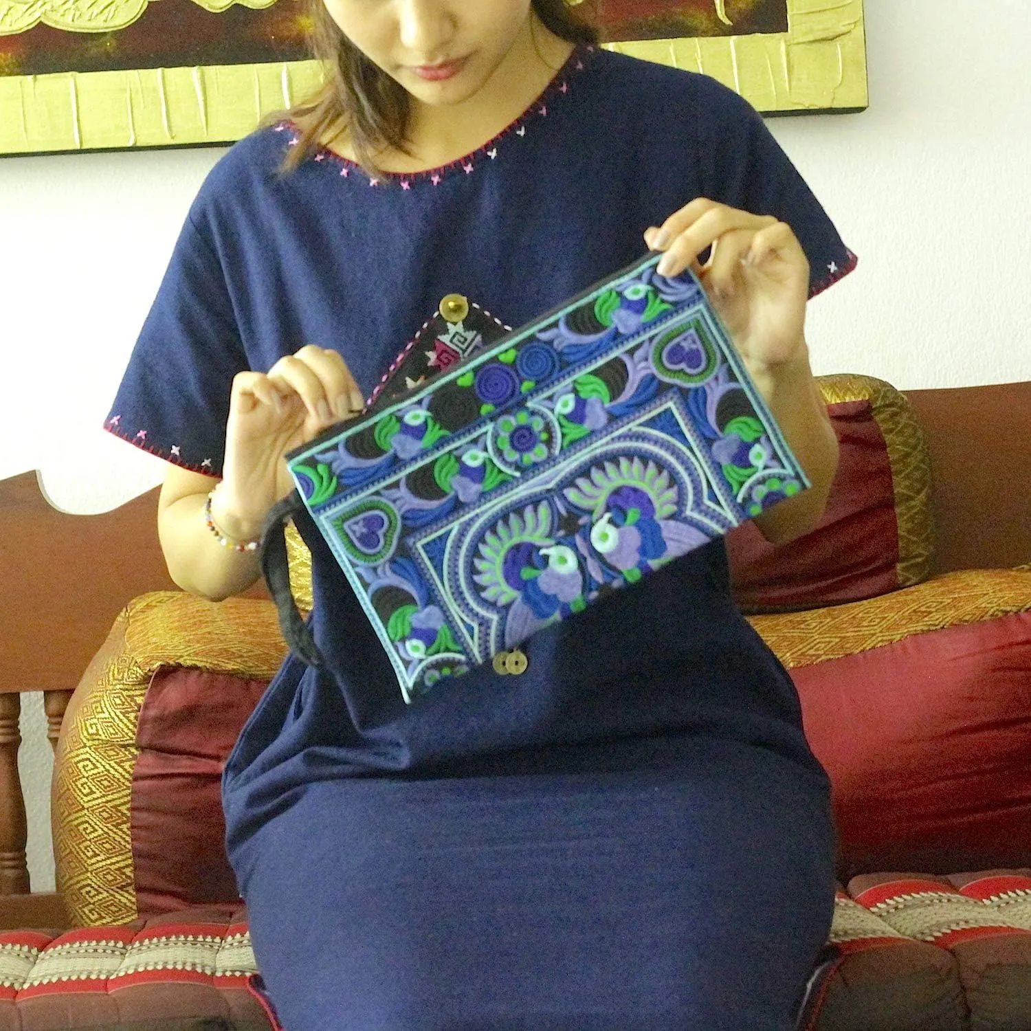 Sabai Jai - Embroidered Clutch Purse with Wristlet - Large Boho Purses and Handbags