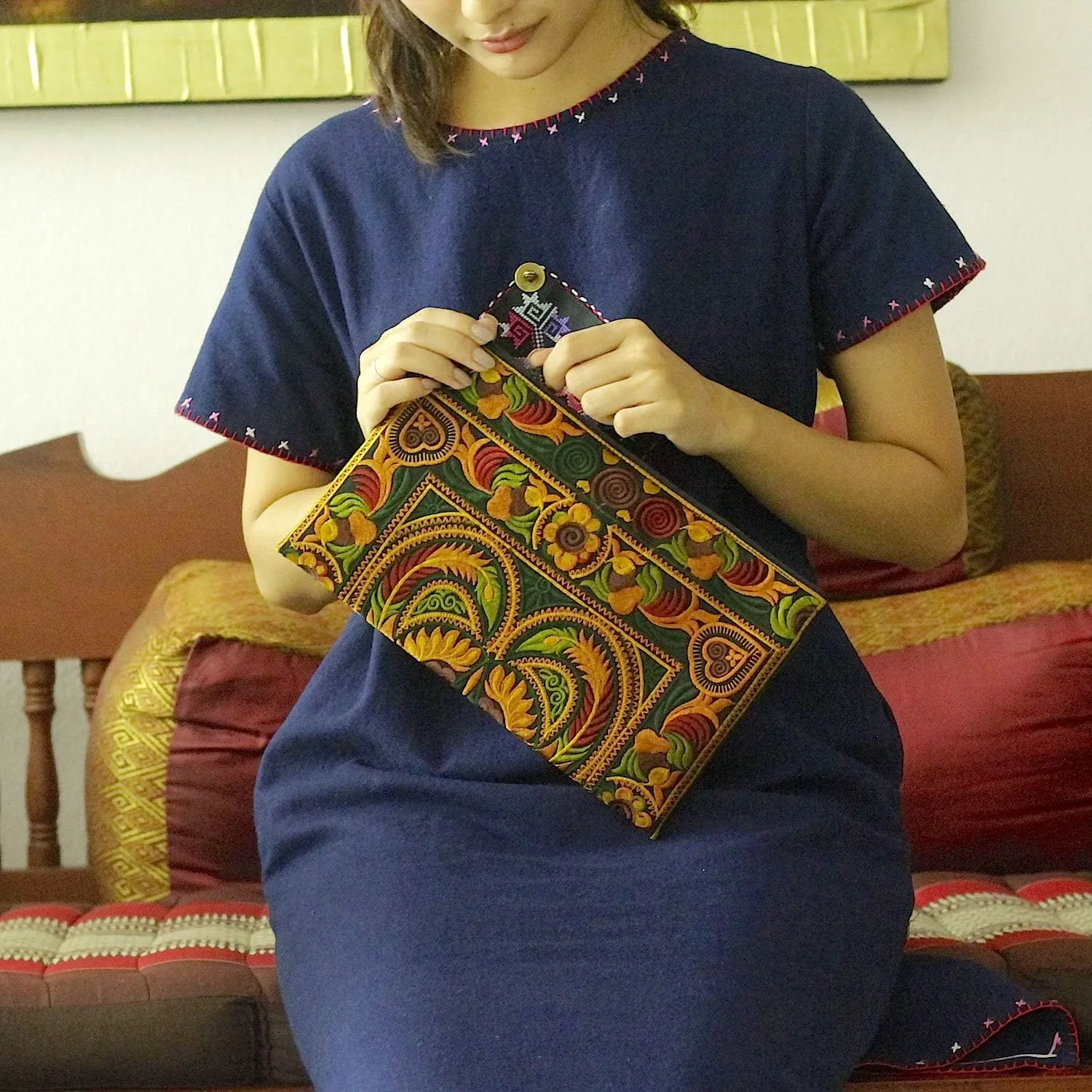 Sabai Jai - Embroidered Clutch Purse with Wristlet - Large Boho Purses and Handbags