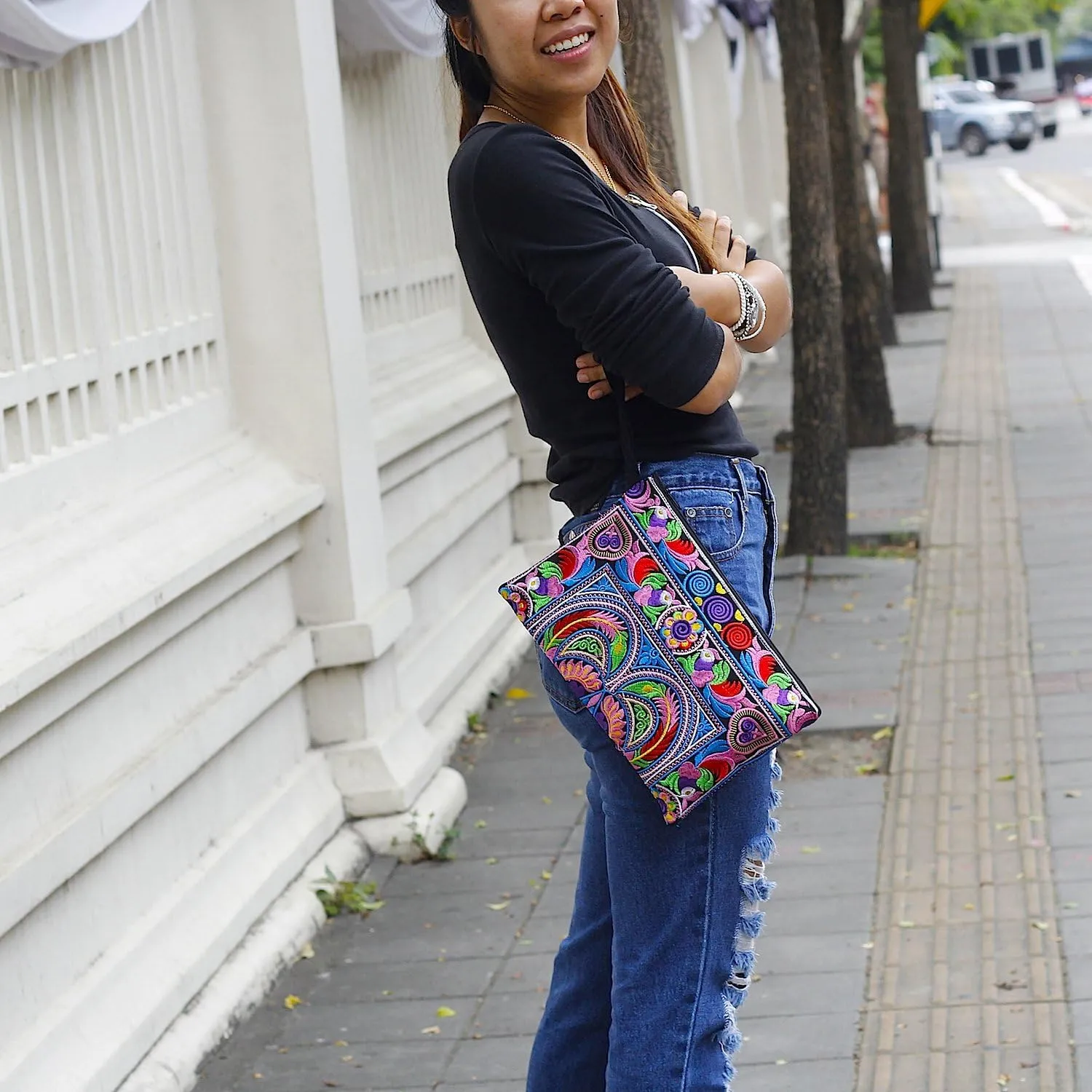 Sabai Jai - Embroidered Clutch Purse with Wristlet - Large Boho Purses and Handbags