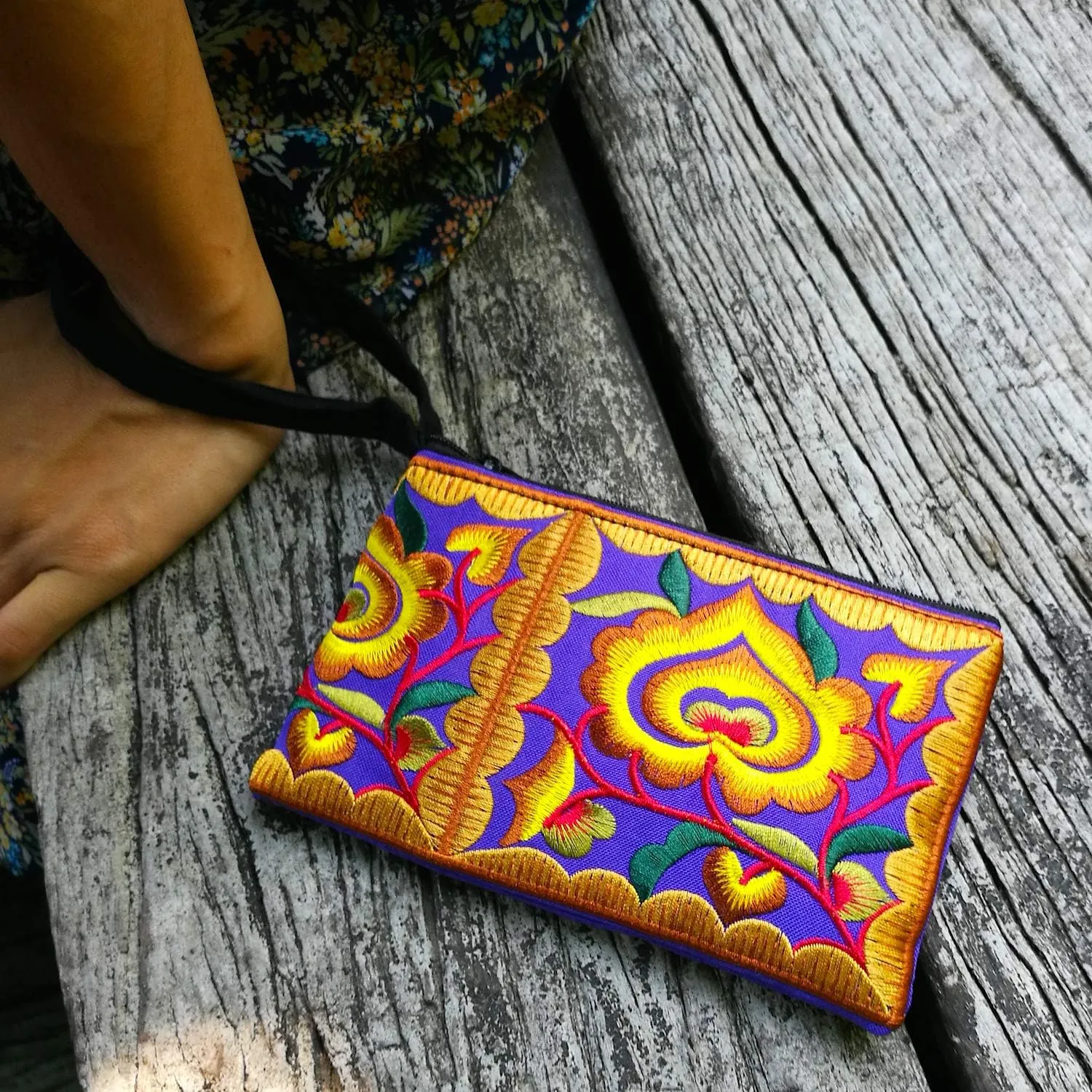 Sabai Jai - Mini Floral Embroidered Coin Purse Wristlet (Gold/Purple)