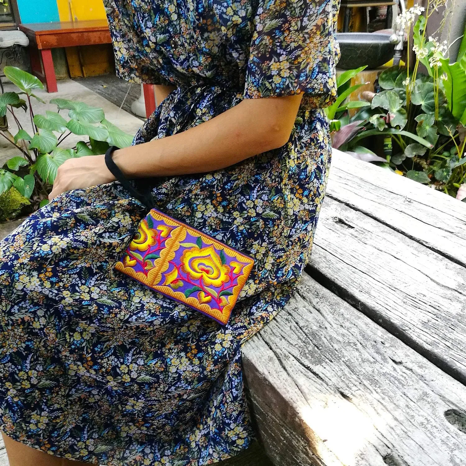 Sabai Jai - Mini Floral Embroidered Coin Purse Wristlet (Gold/Purple)
