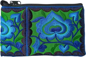 Sabai Jai - Mini Floral Wristlet Wallet for Women - Small Handmade Boho Change Purse Pouch (Blue/Green)