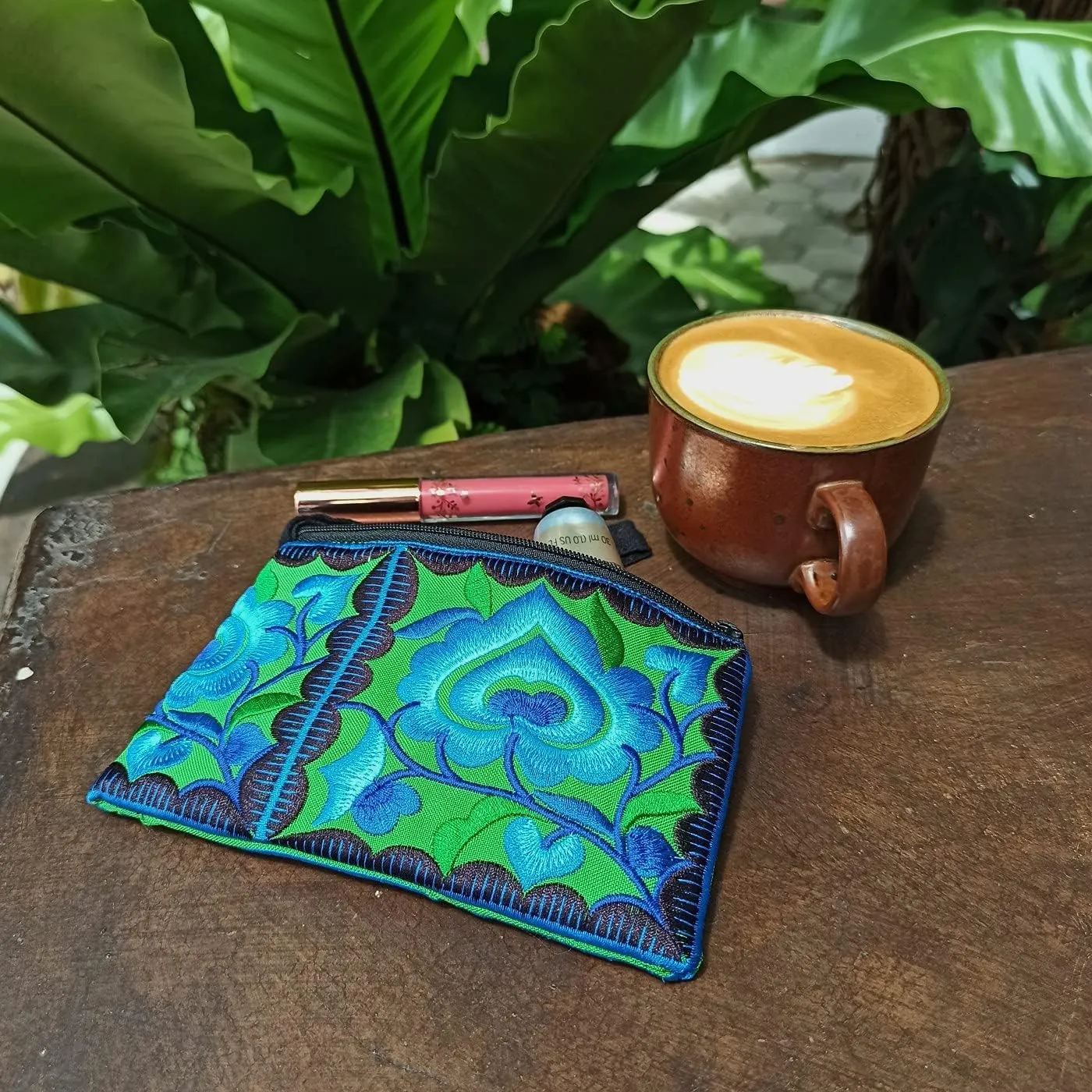 Sabai Jai - Mini Floral Wristlet Wallet for Women - Small Handmade Boho Change Purse Pouch (Blue/Green)