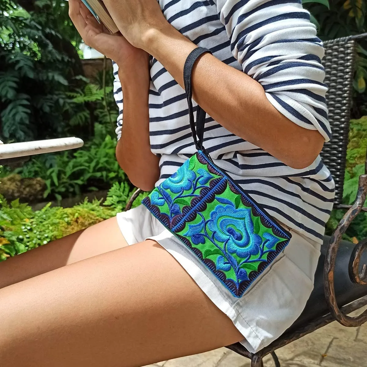 Sabai Jai - Mini Floral Wristlet Wallet for Women - Small Handmade Boho Change Purse Pouch (Blue/Green)