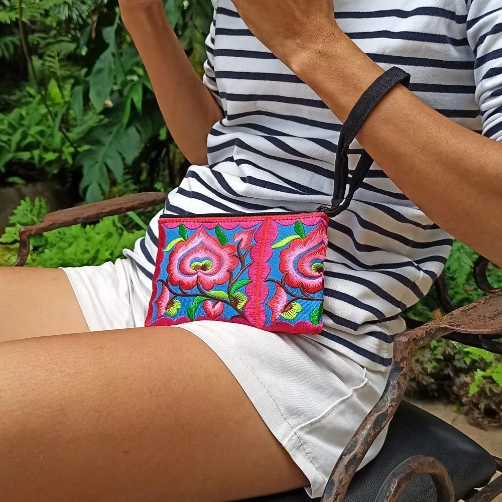 Sabai Jai - Mini Floral Wristlet Wallet for Women - Small Handmade Boho Change Purse Pouch (Pink/Blue)