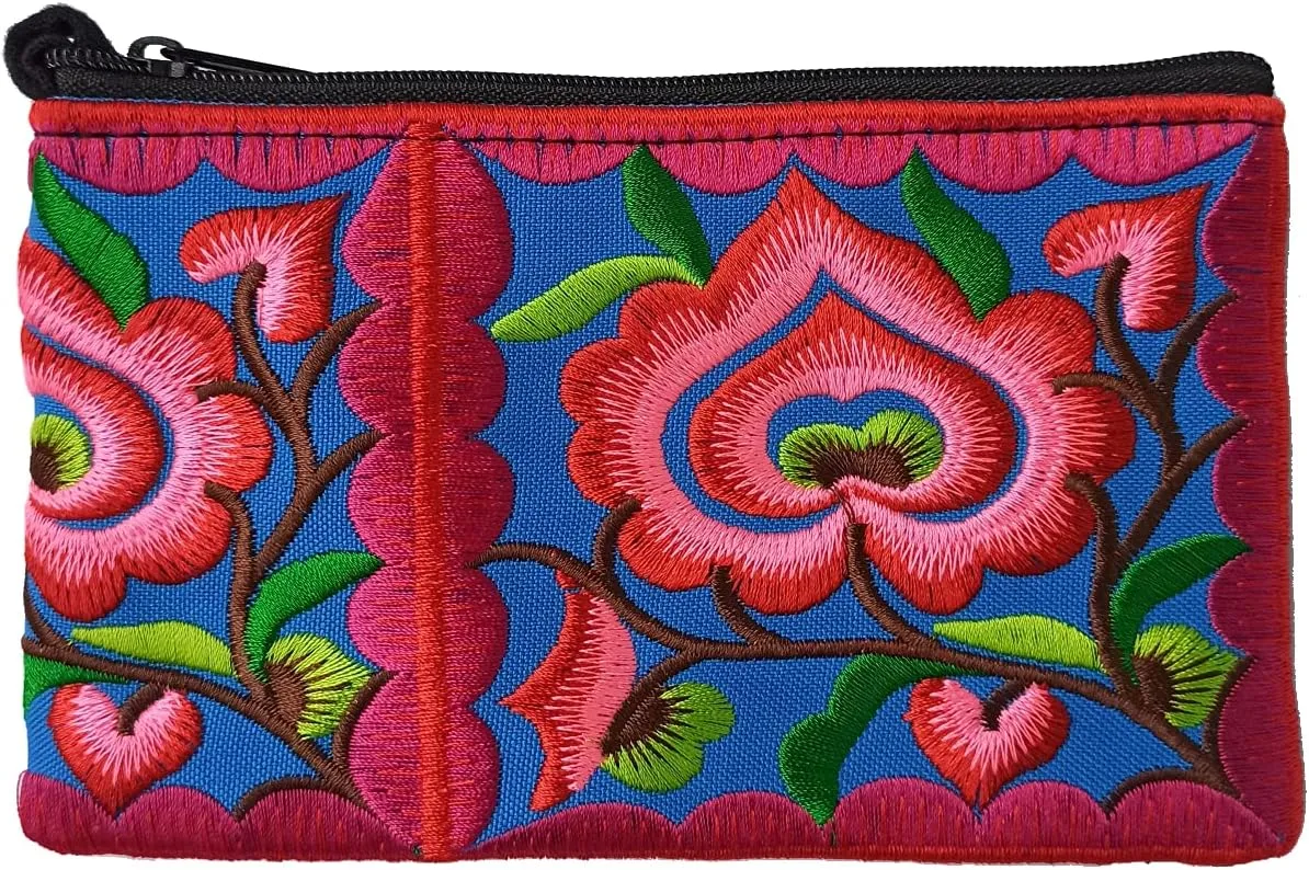Sabai Jai - Mini Floral Wristlet Wallet for Women - Small Handmade Boho Change Purse Pouch (Pink/Blue)