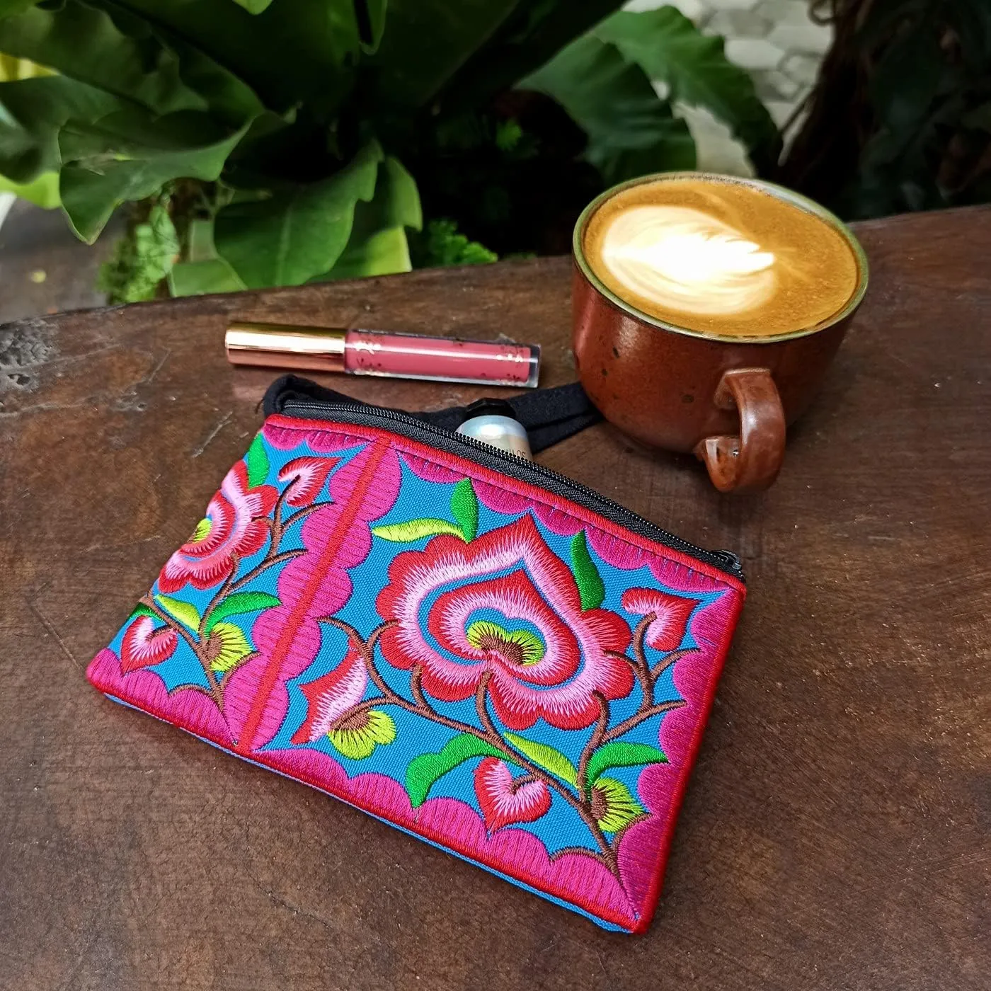 Sabai Jai - Mini Floral Wristlet Wallet for Women - Small Handmade Boho Change Purse Pouch (Pink/Blue)