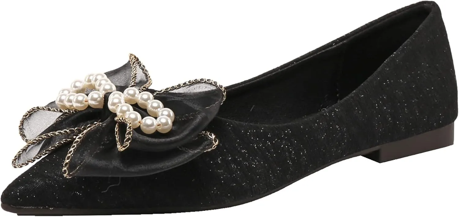 SAILING LU Sparkly Dressy Flats for Women Pointed Toe Crystals Bridal Wedding Shoes Bow-Knot Comfortable Loafers Slip-ons Black Nude