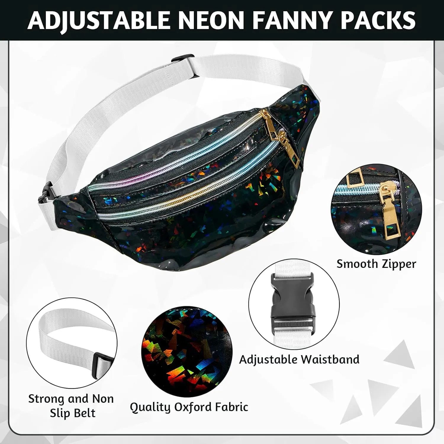 Saintrygo 7 Pack Bachelorette Fanny Pack Holographic Fanny Pack Bride Bridesmaid Waist Bag for Wedding Bachelorette Party(Silver, Black)