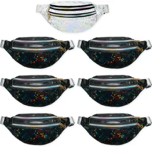Saintrygo 7 Pack Bachelorette Fanny Pack Holographic Fanny Pack Bride Bridesmaid Waist Bag for Wedding Bachelorette Party(Silver, Black)