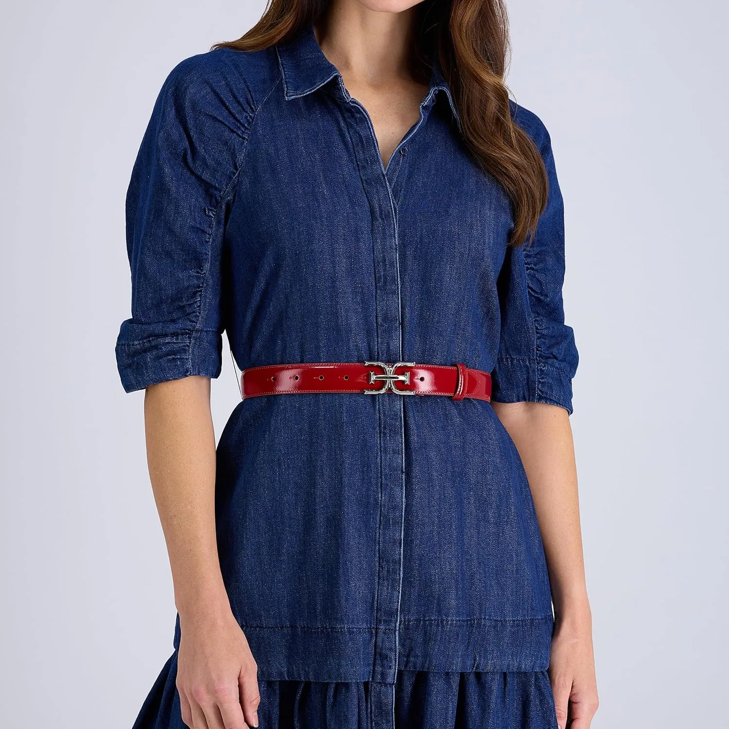 Sam Edelman Women's Fashion Double-E Plaque Logo Buckle Slim Textured Belt for Jeans, Dresses and Trousers