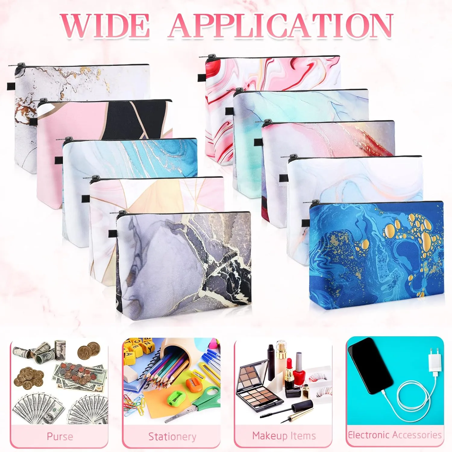 Sanwuta 12 Pieces Cosmetic Makeup Bags Printed Roomy Toiletry Waterproof Beauty Bag Organizer Pouches with Zipper Makeup Accessories for Women(Marble Style)