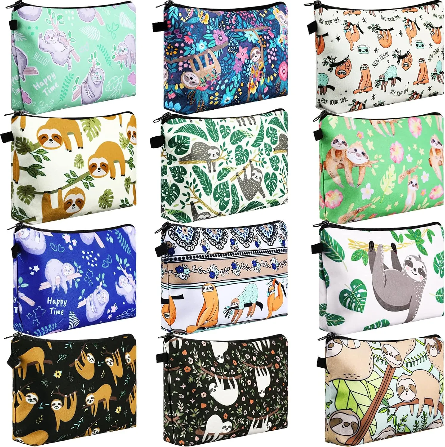 Sanwuta 12 Pieces Cosmetic Makeup Bags Printed Roomy Toiletry Waterproof Beauty Bag Organizer Pouches with Zipper Makeup Accessories for Women(Sloth Style)