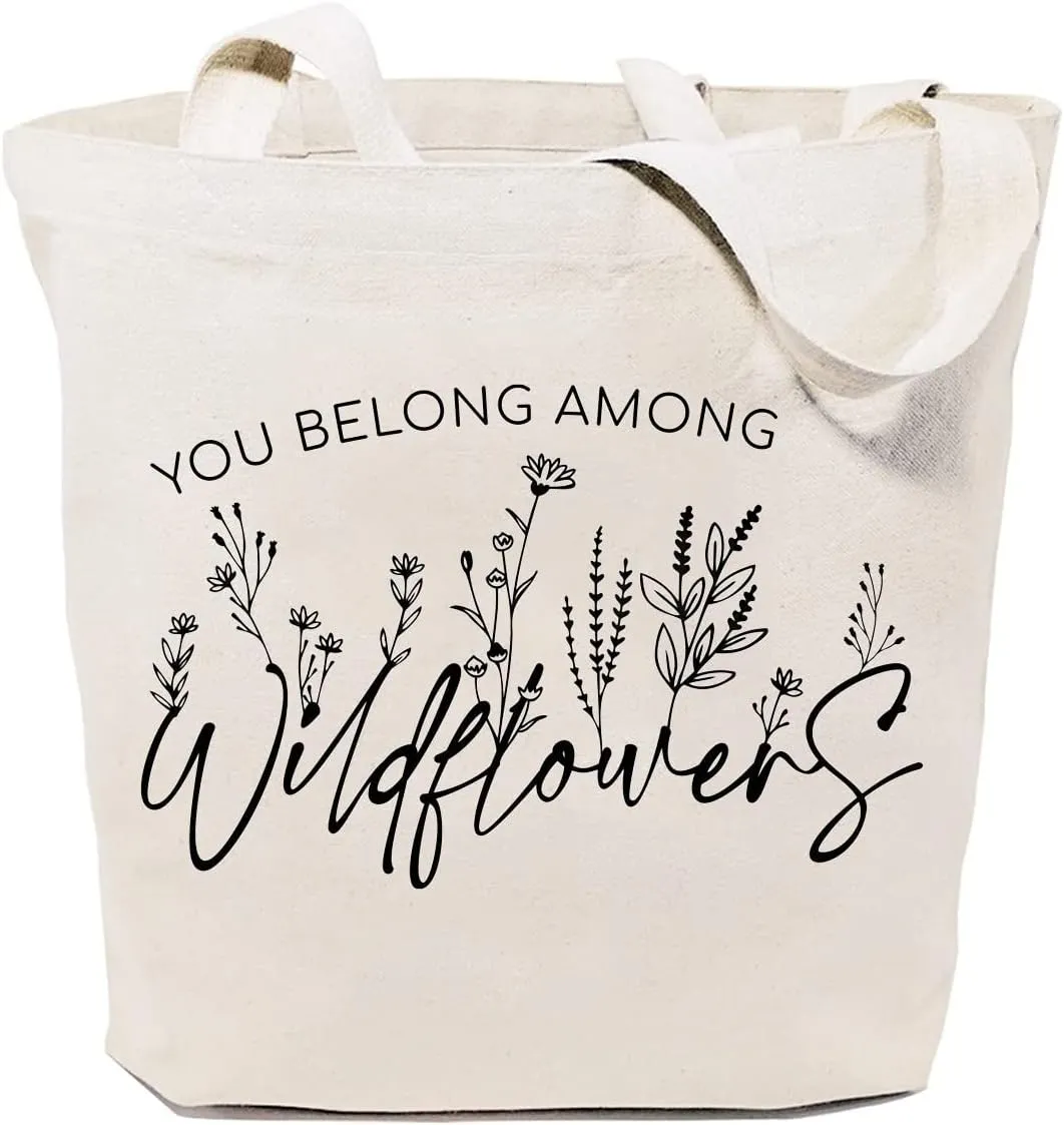 SAUIVD Inspirational Floral Canvas Tote Bag Funny Wildflowers Tote Bag Flower Shopping Shoulder Bags Reusable Handbag