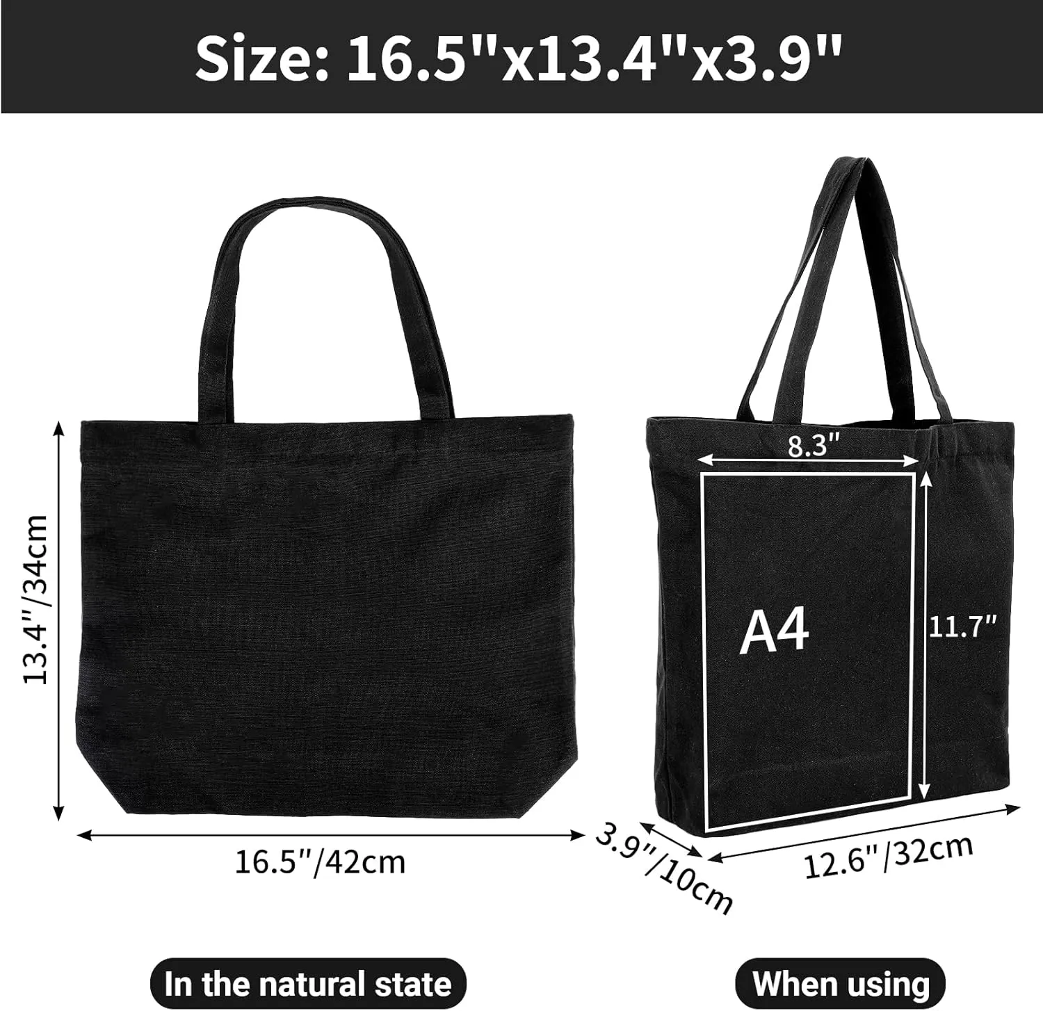 Segarty Black Canvas Tote, 12 Packs 16x15 inch Canvas Bags with Zipper, 12Oz Heavy Duty Reusable Plain Grocery Shopping Totes for Women Crafts Painting Embroidery, Gift Bags Bulk