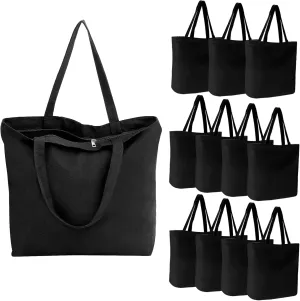 Segarty Black Canvas Tote, 12 Packs 16x15 inch Canvas Bags with Zipper, 12Oz Heavy Duty Reusable Plain Grocery Shopping Totes for Women Crafts Painting Embroidery, Gift Bags Bulk