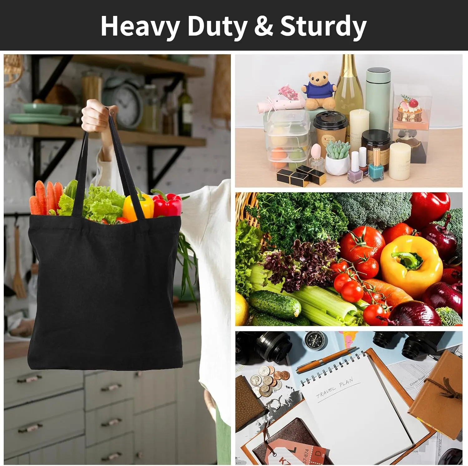 Segarty Black Canvas Tote, 12 Packs 16x15 inch Canvas Bags with Zipper, 12Oz Heavy Duty Reusable Plain Grocery Shopping Totes for Women Crafts Painting Embroidery, Gift Bags Bulk