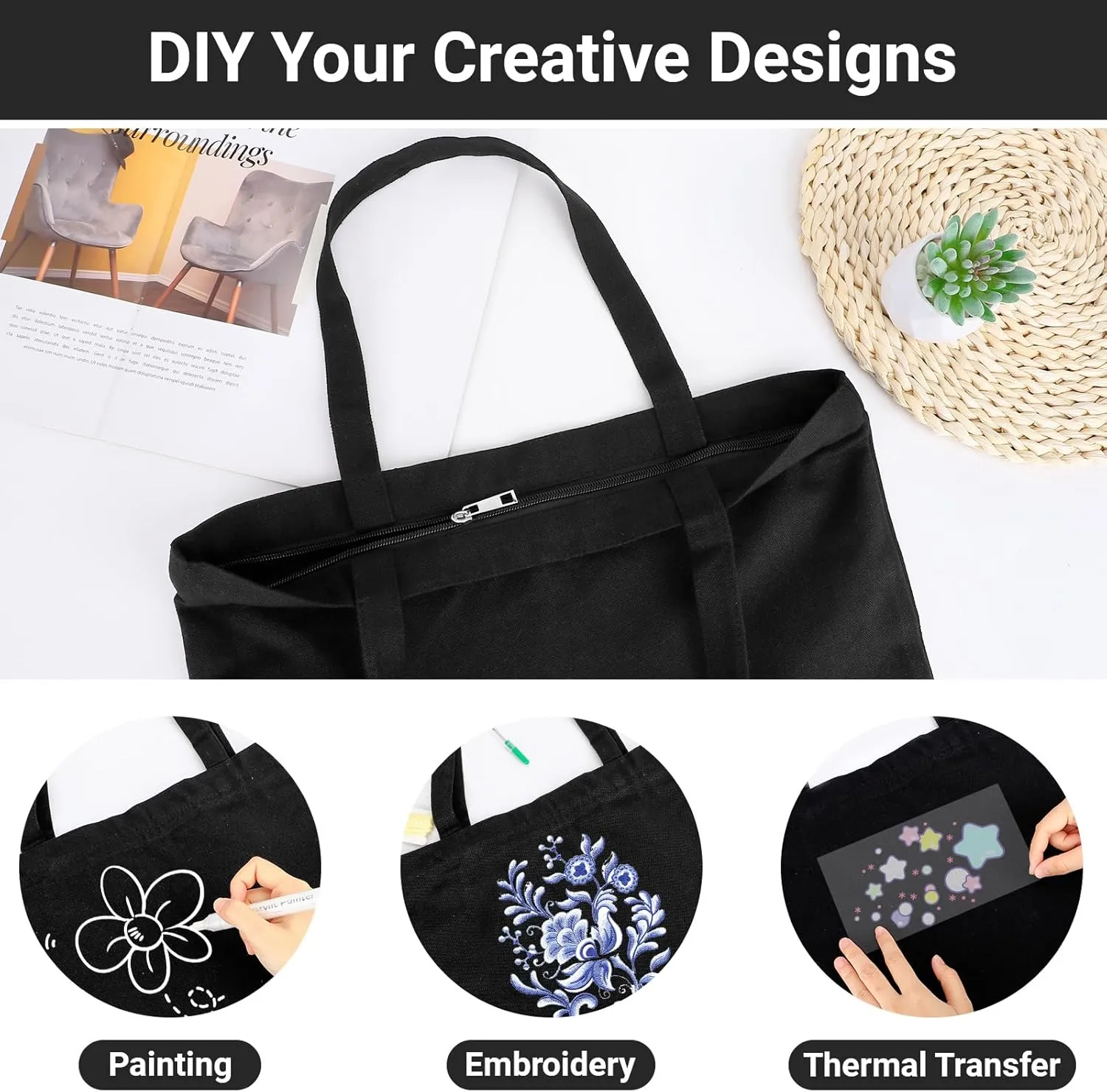 Segarty Black Canvas Tote, 12 Packs 16x15 inch Canvas Bags with Zipper, 12Oz Heavy Duty Reusable Plain Grocery Shopping Totes for Women Crafts Painting Embroidery, Gift Bags Bulk