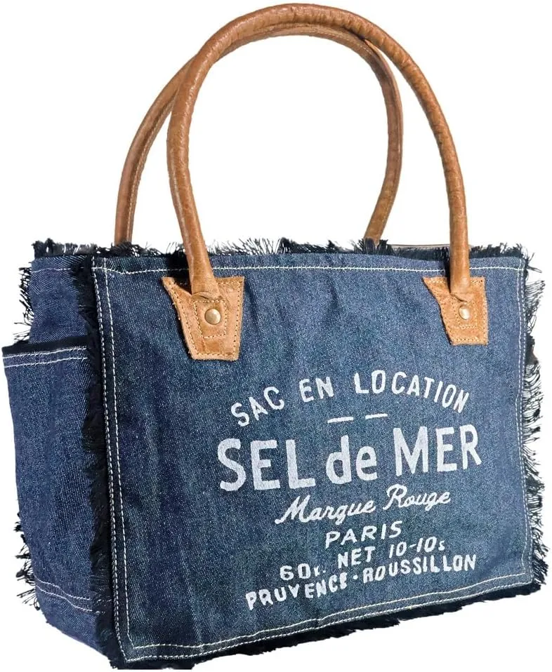 Sel de mer upcycled canvas hand bag upcycled canvas & cowhide tote bag (10X13 Inch)