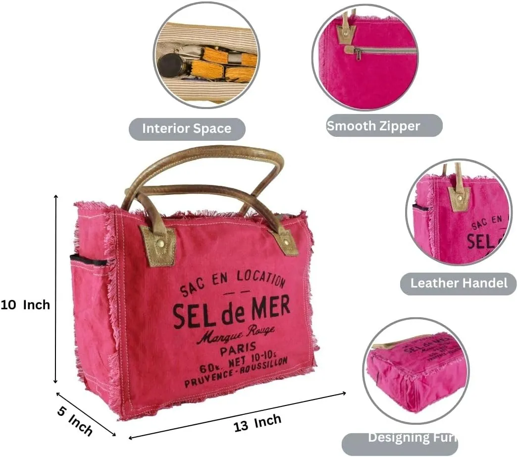 Sel de mer upcycled canvas hand bag upcycled canvas & cowhide tote bag (10X13 Inch)