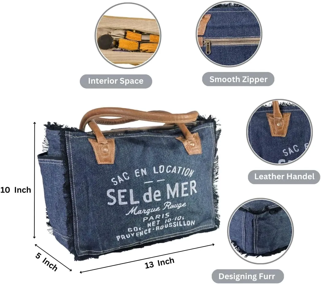 Sel de mer upcycled canvas hand bag upcycled canvas & cowhide tote bag (10X13 Inch)