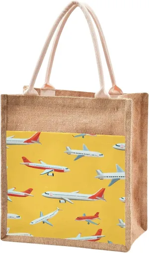senya Canvas Tote Bag Women Beach Bag Burlap Beach Totes Grocery Shopping Travel Swim Gym Bags 12.6x14.2in Airplane Yellow Background Pattern