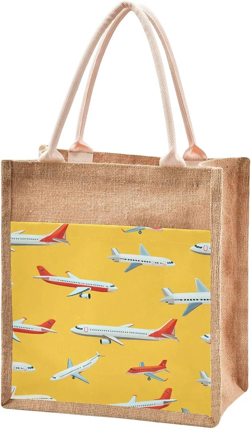 senya Canvas Tote Bag Women Beach Bag Burlap Beach Totes Grocery Shopping Travel Swim Gym Bags 12.6x14.2in Airplane Yellow Background Pattern