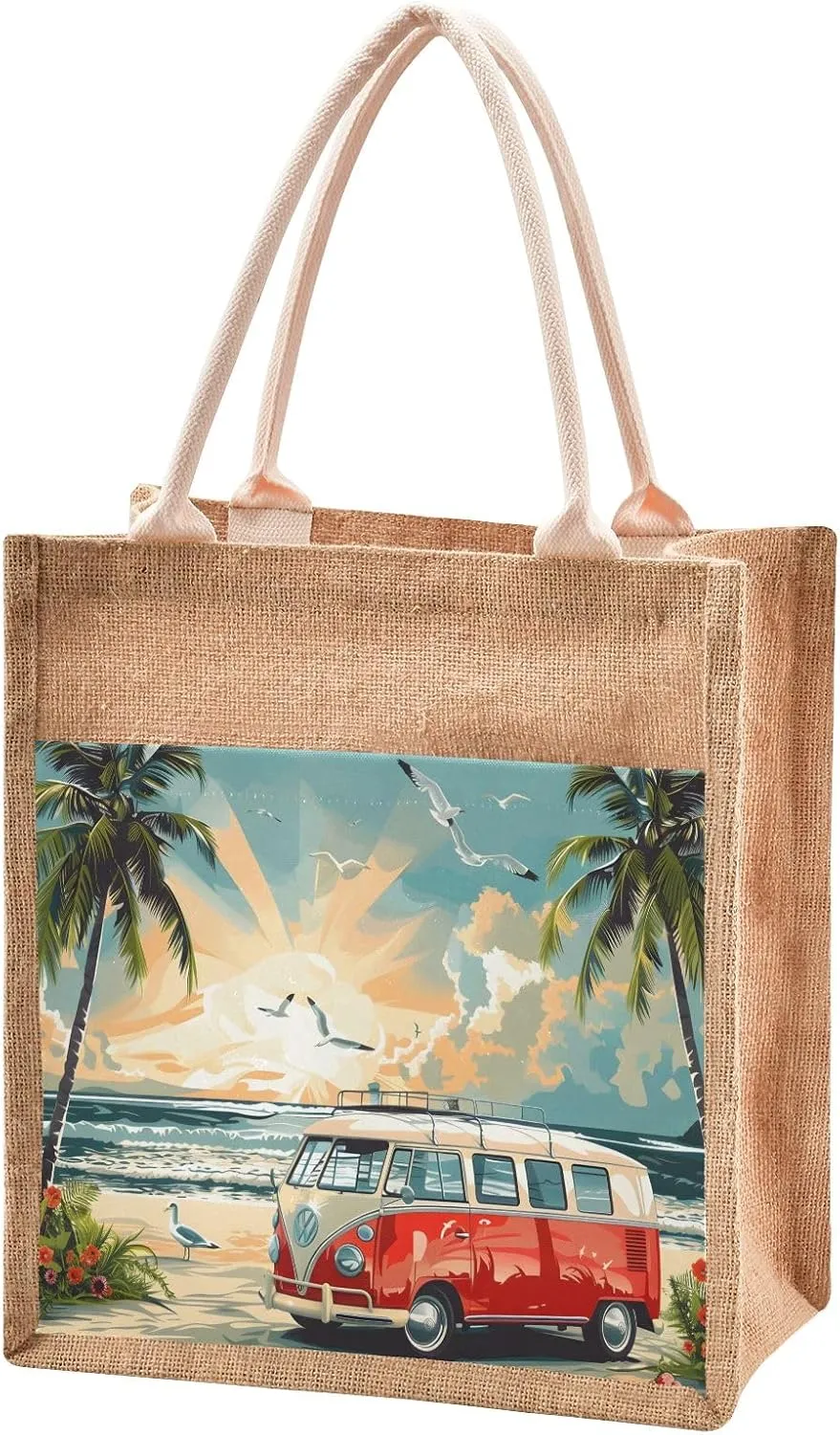 senya Canvas Tote Bag Women Beach Bag Burlap Beach Totes Grocery Shopping Travel Swim Gym Bags 12.6x14.2in Beach Palm Trees Sun Colorful Sunshine