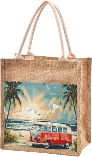 senya Canvas Tote Bag Women Beach Bag Burlap Beach Totes Grocery Shopping Travel Swim Gym Bags 12.6x14.2in Beach Palm Trees Sun Colorful Sunshine