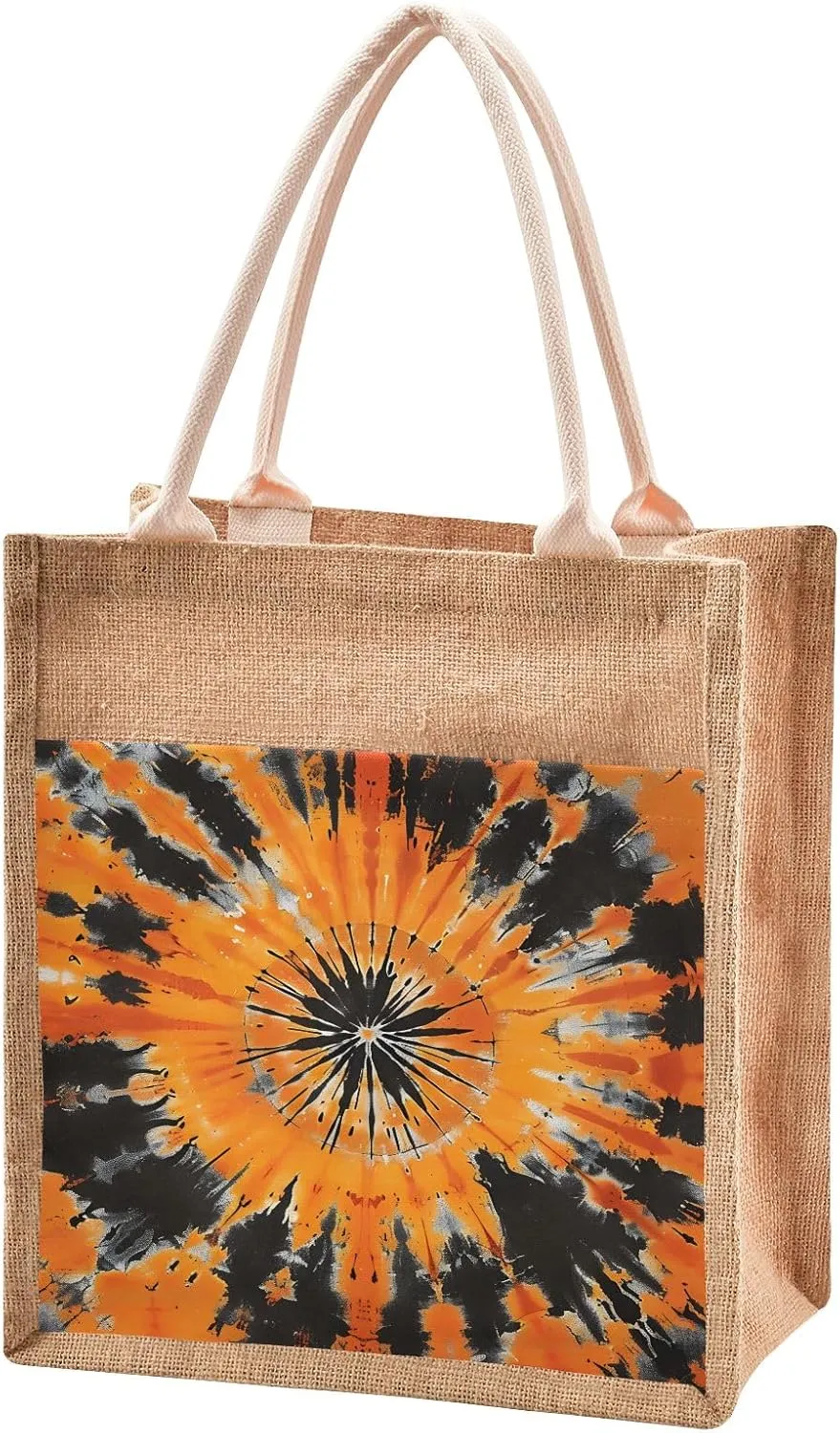 senya Canvas Tote Bag Women Beach Bag Burlap Beach Totes Grocery Shopping Travel Swim Gym Bags 12.6x14.2in Orange and Black Tie Dye Pattern