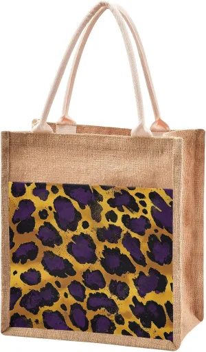 senya Canvas Tote Bag Women Beach Bag Burlap Beach Totes Grocery Shopping Travel Swim Gym Bags 12.6x14.2in Purple Gold Leopard Print Pattern