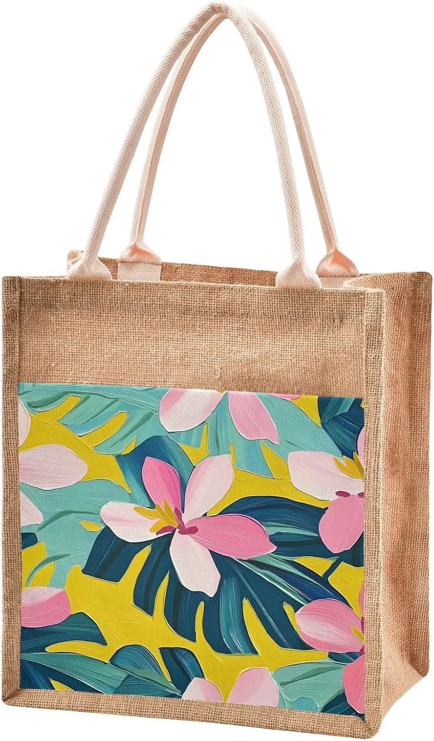 senya Canvas Tote Bag Women Beach Bag Burlap Beach Totes Grocery Shopping Travel Swim Gym Bags 12.6x14.2in Tropical Flowers and Leaves Pattern