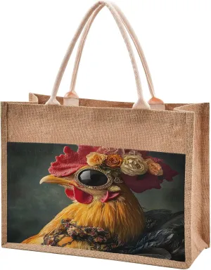 senya Canvas Tote Bag Women Beach Bag Burlap Beach Totes Grocery Shopping Travel Swim Gym Bags 16.9x12.6in Black Jewel Eyed Cock with Flower