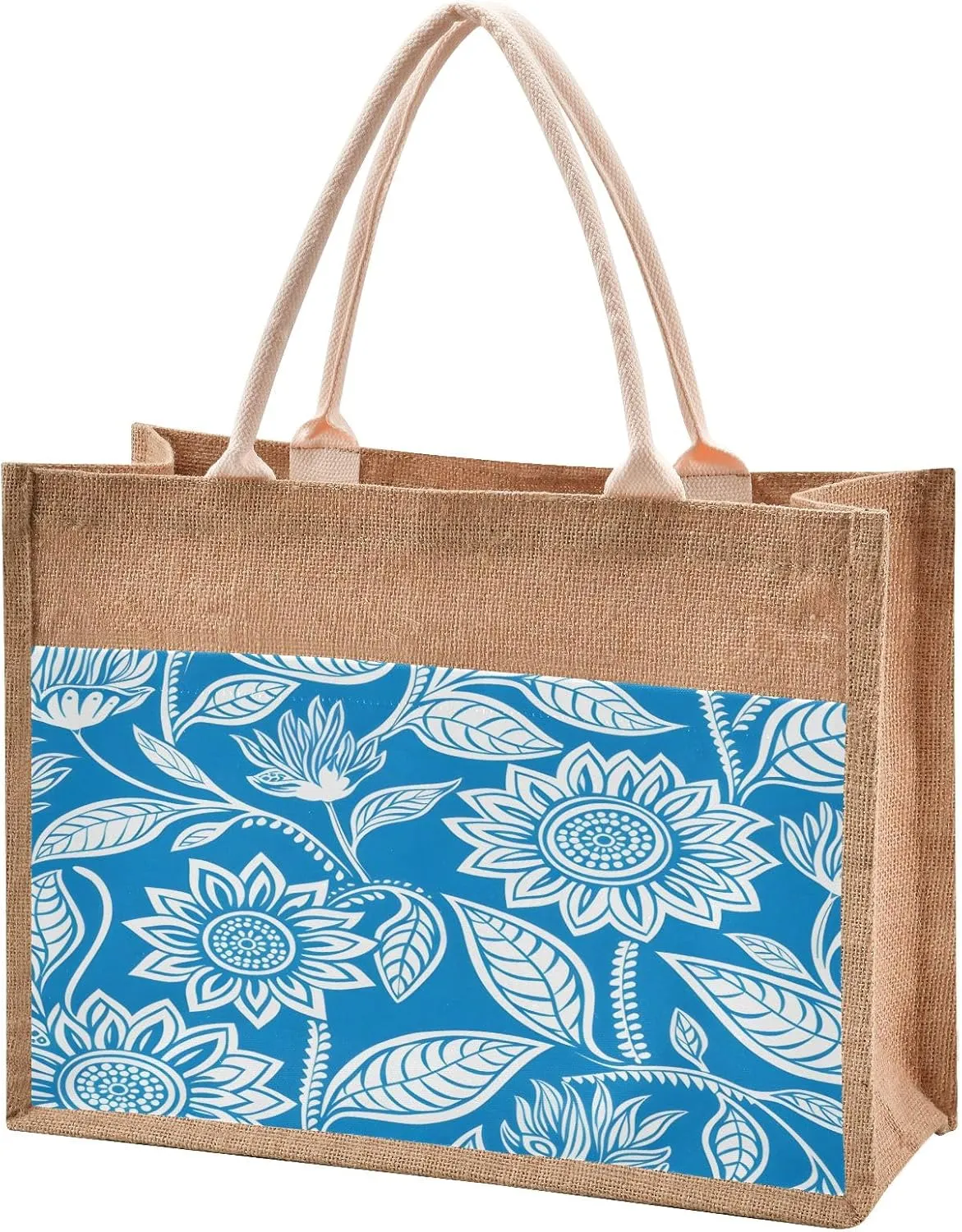 senya Canvas Tote Bag Women Beach Bag Burlap Beach Totes Grocery Shopping Travel Swim Gym Bags 16.9x12.6in Blue and White Floral Pattern