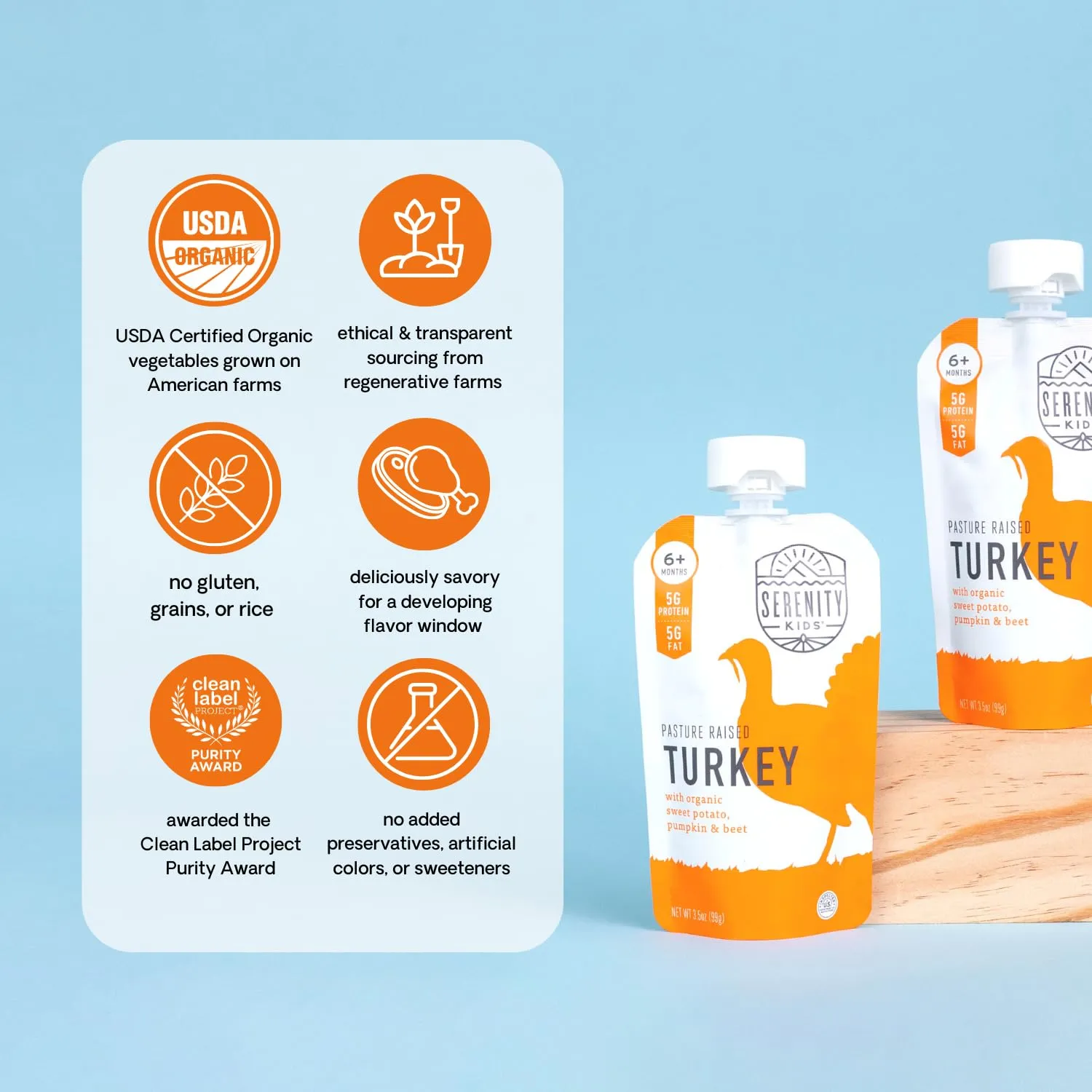 Serenity Kids 6  Months Baby Food Pouches Puree Made w/ Ethically Sourced Meat & Organic Veggies - 3.5 Oz BPA-Free Pouch - Free Range Turkey, Sweet Potato, Pumpkin & Beet - 6 Count - Turkey Baby Food